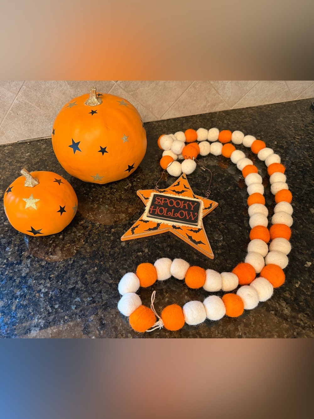 Halloween Orange & White Felt Ball Garland with Two Pumpkins!